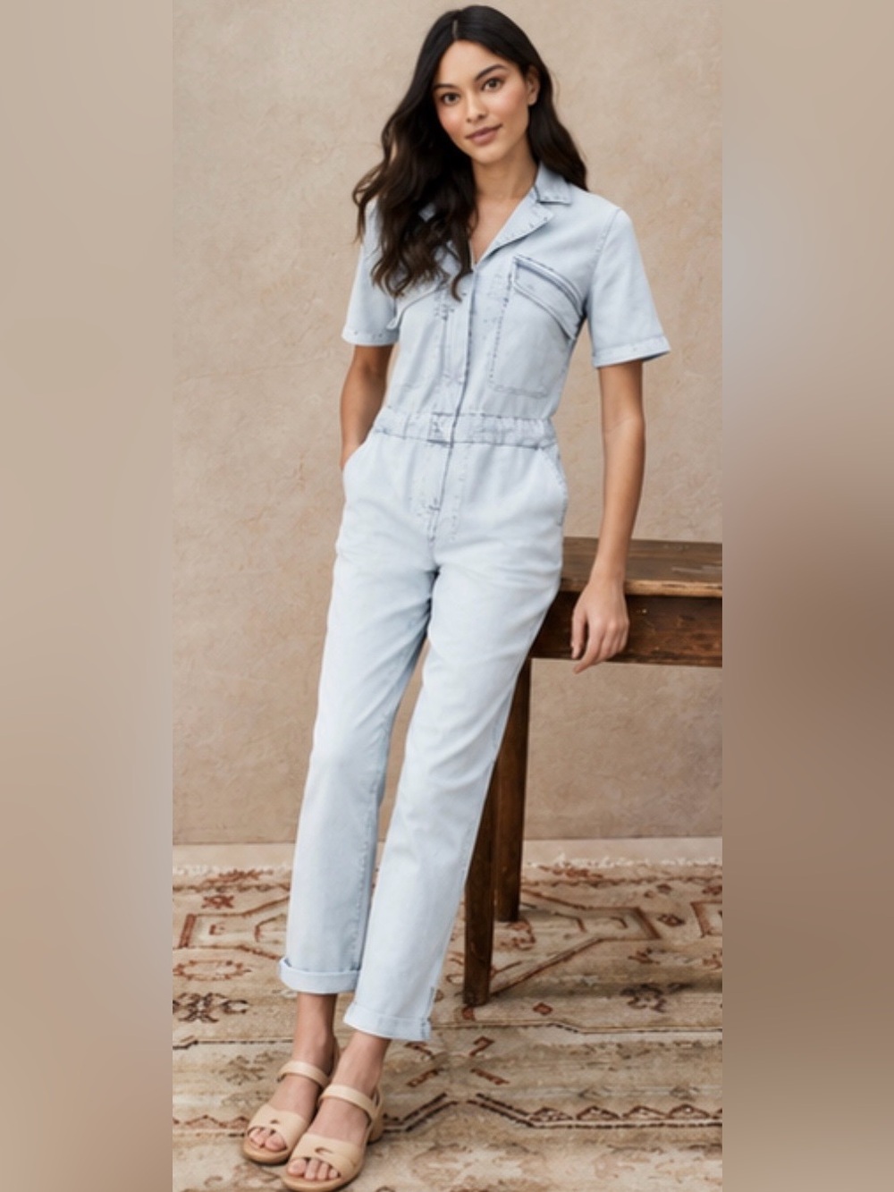 Faherty Blythe Organic Cotton Light Wash Utility Denim Jumpsuit XS